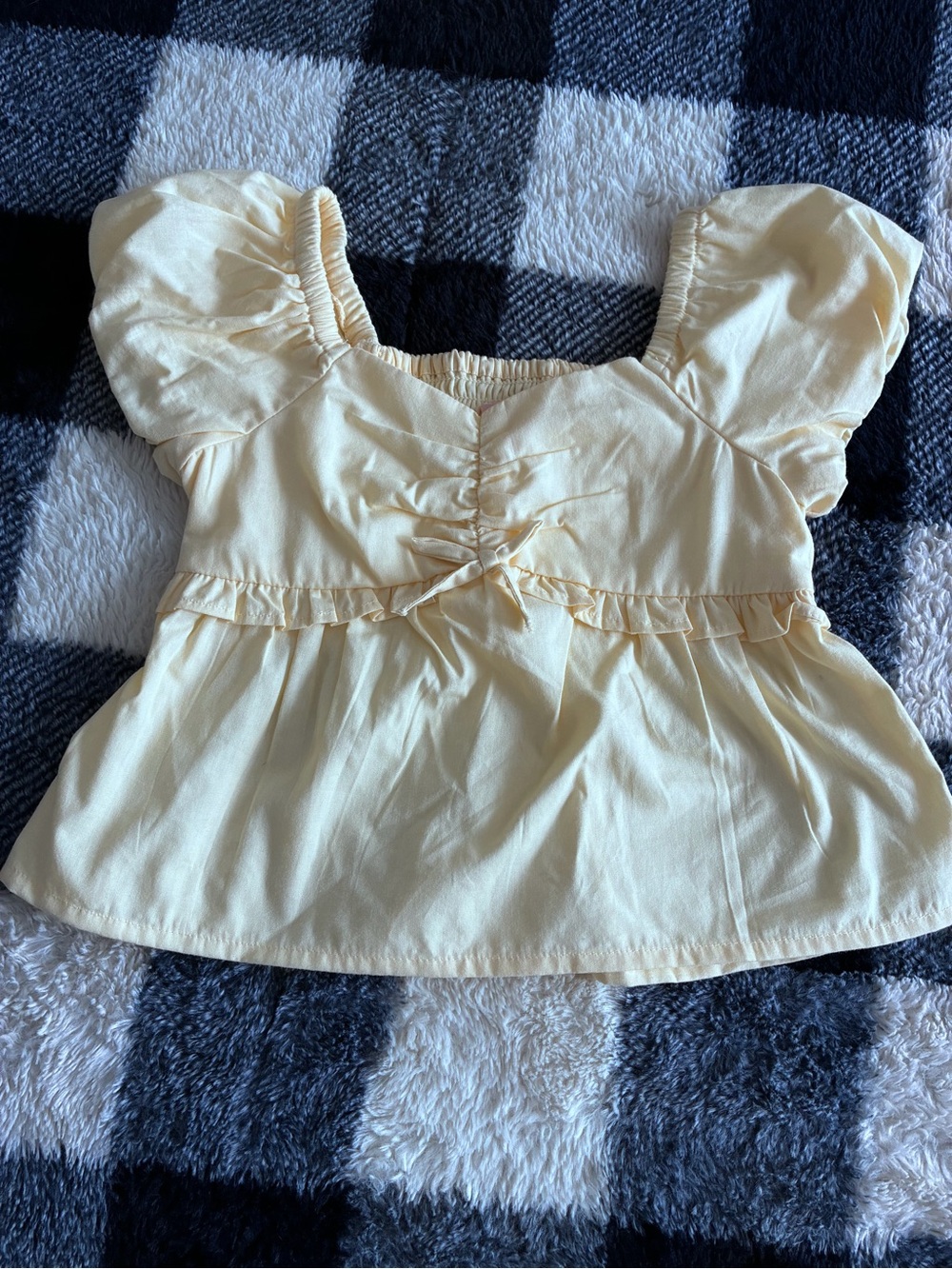 Girls' Light Yellow Puff-Sleeve Peplum Top with Ruffle Trim